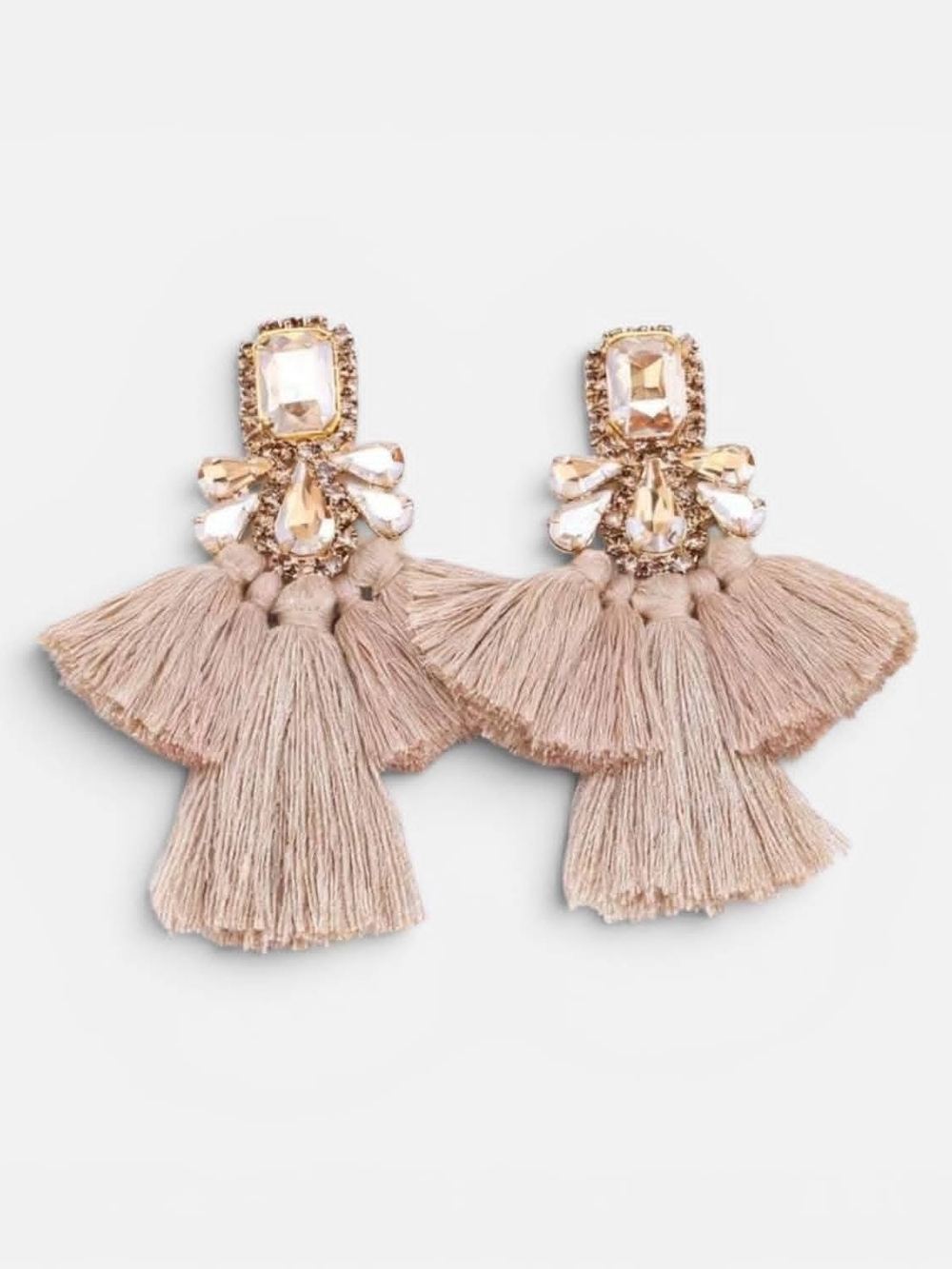 Neutral Tassel Drop Earrings with Crystal Accents